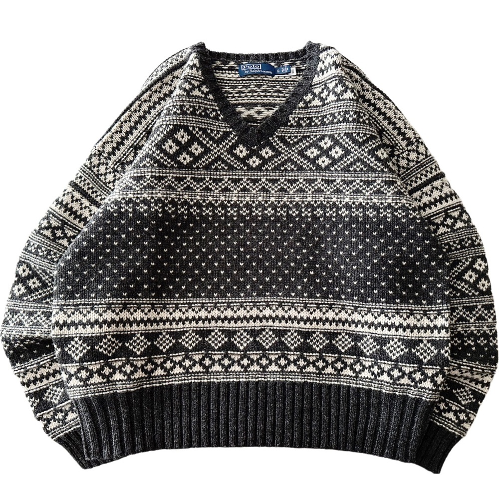 $298 Polo Ralph Lauren V-Neck Grey Fair Isle Wool Knit Sweater RRL Purple Label